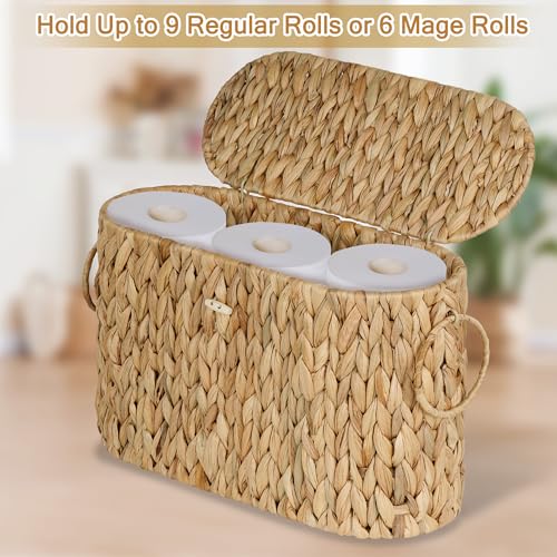 efluky Toilet Paper Storage Basket, Water Hyacinth Slim Toilet Paper Holder with Lid- Holds Up to 9 Mega Rolls, Home Bathroom Decor Organizer