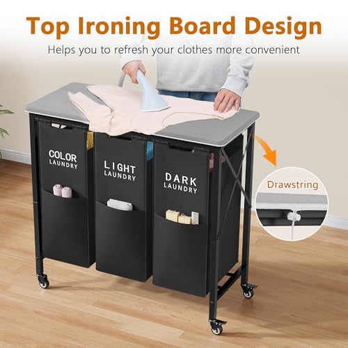 Gewudraw 3 Section Laundry Sorter with Ironing Board, Laundry Hamper with Removable Bags, Heavy Duty Rolling Laundry Cart with Lockable Wheels for Bathroom Bedroom, black - color: Black