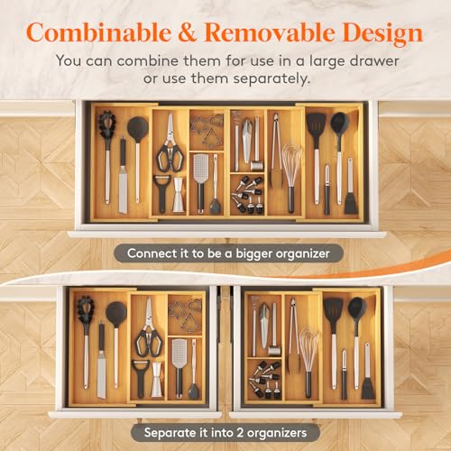 Lifewit Expandable Utensil Organizer for Kitchen Drawer, Adjustable Cooking Silverware Tray, Plastic Cutlery Flatware Holder, Spatula Tools Gadgets Storage Divider, 21- 36 x 16", Bamboo, Natural - color: Natural