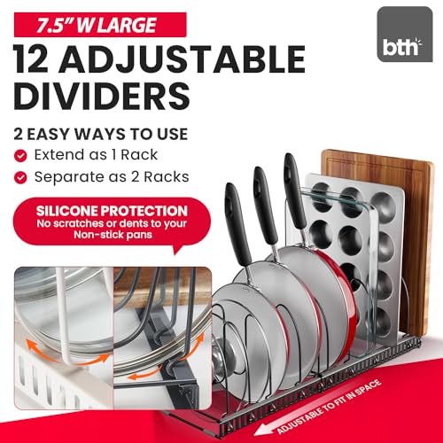 Better Things Home 7.5” Wide 12-Slot Adjustable Large Pan and Pot Lid Organizer with Scratch-Free Pads, Expandable Pot Lid Holder Rack for Cabinet, Pots and Pans Organizer Inside Cabinet - color: Dark Grey, size: PAN & BAKEWARE - 12+ DIVIDERS