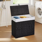 Greenstell Laundry Hamper with Lid, 125L Wicker Laundry Baskets with 2 Removable Liner Bags & 5 Mesh Laundry Bags, Handwoven Rattan Clothes Hamper with Handles for Clothes in Bathroom, Bedroom - color: Light Black