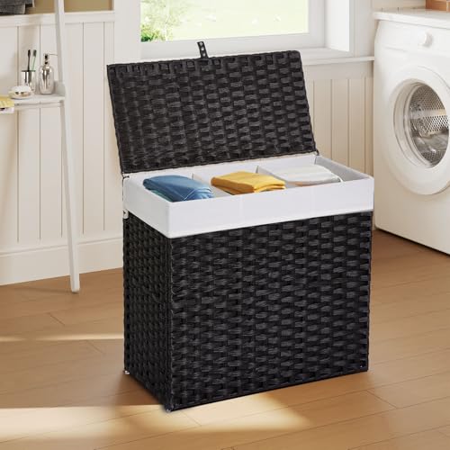 Greenstell Laundry Hamper with Lid, 125L Wicker Laundry Baskets with 2 Removable Liner Bags & 5 Mesh Laundry Bags, Handwoven Rattan Clothes Hamper with Handles for Clothes in Bathroom, Bedroom - color: Light Black
