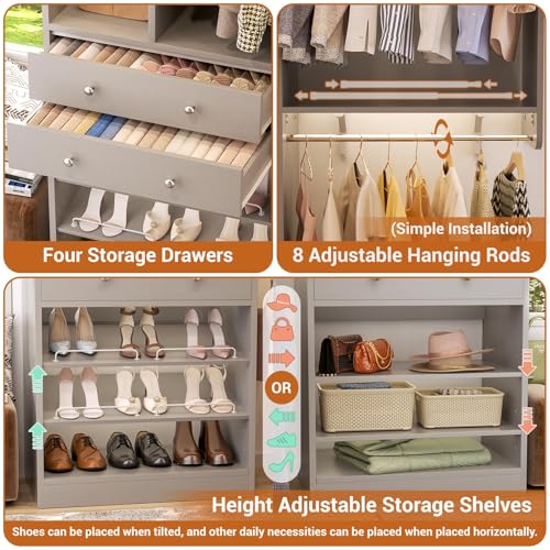 Closet System (Set of 3) with 4 Drawers, 8 Hanging Robs, 91.5"/151" Closet Organizer System with Corner Tower, Reversible Walk-in Closet System Corner Closet System, Morandi Grey - color: Morandi Grey, size: 90.5" * 90.5"