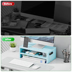 Marbrasse Monitor Stand Riser, 16.5 Inch 2 Tier Computer Printer Shelf Stand for Laptop Computer Screen Storage, Desktop Stand with Phone Holder and Cable Management (Blue) - color: Blue