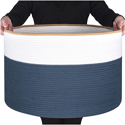 MINTWOOD Design Extra Large 22 x 14 Inches Decorative Woven Cotton Rope Blanket Storage Basket Bin Living Room and Laundry Hamper for Pillows, Pool Towels, Dog Toys, Shoes, Prussian Blue - color: Prussian Blue