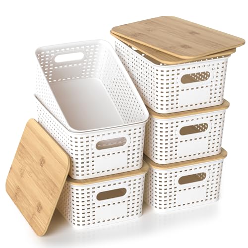Plastic Storage Baskets with Bamboo Lids, Stackable Small Box Bins for Organizing and Containers for Shelves Drawers Desktop Closet Pantry Classroom Office Home, 6 Pack 10.2x7.2x4.1 Inch, White - color: White