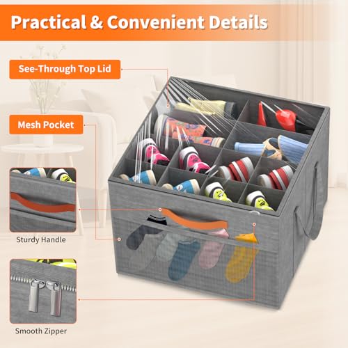 Aokeyee 2 Pack Shoe Organizer for Closet, Foldable Shoe Storage Organizer Box w/Clear Cover and 4 Reinforced Handles, Space Saving Shoes Bin Fits up to 32 Pairs, Grey - color: Grey, size: Fits up to 32 Pairs