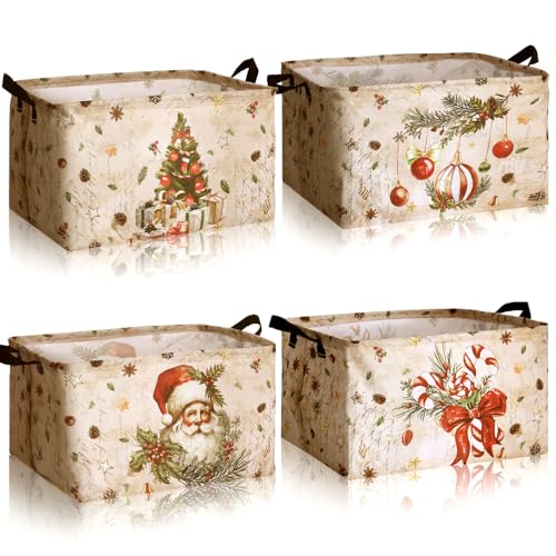 4 Pack Christmas Storage Bin Collapsible Large Christmas Storage Baskets for Gifts Xmas Tree Canvas Laundry Basket Foldable Box with Handle for Office Home Bedroom Clothes Toys Holiday Decor - style: Snowman