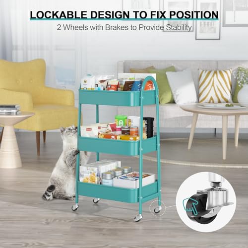 EAGMAK 3 Tier Utility Rolling Cart, Metal Storage Cart with Handle and Lockable Wheels, Multifunctional Storage Organizer Trolley with Mesh Baskets for Kitchen, Living Room, Office, Garage (Turquoise) - color: Turquoise, size: Normal
