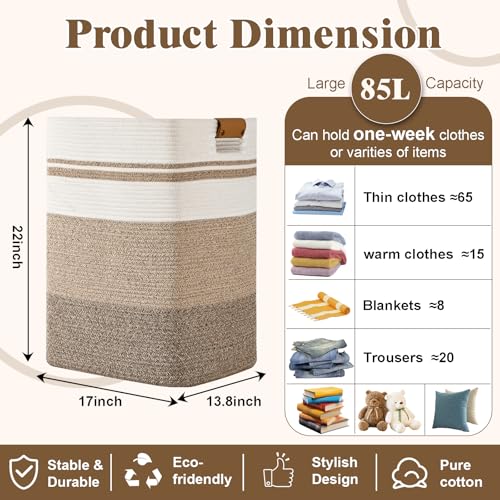 Laundry Hamper, 85L Tall Laundry Basket with Leather Handles, Rectangle Large Clothes Hamper for Organizing, Cotton Woven Laundry Baskets Storage Hampers for Bedroom, Nursery, Living Room - color: Jute & Rice Brown, size: 85L