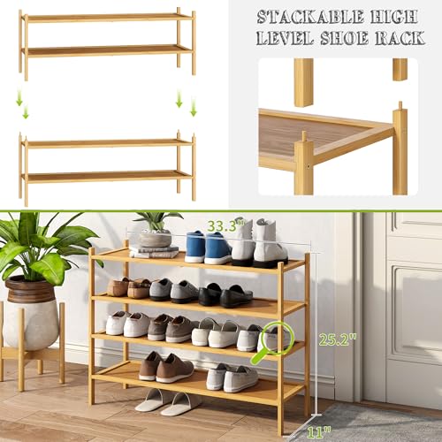 BMOSU 4-Tier Bamboo Extended Shoe Rack Premium Stackable Shoe Shelf Storage Organizer for Hallway Closet Living Room Entryway Organizer(Natural) - color: Natural, size: 4-Tier Long（33.3*11*25.2inches）