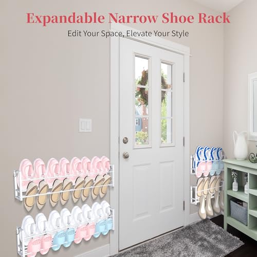 3 Pack Wall Mounted Shoe Rack for Narrow Spaces, Hanging Shoe Rack Holds 24 Pairs, 17"-30"Adjustable Heavy Duty Wall Shoe Storage with 6 Storage Hooks, Space Saving for Closet Entryway Door, White - color: White, size: 3 Pack