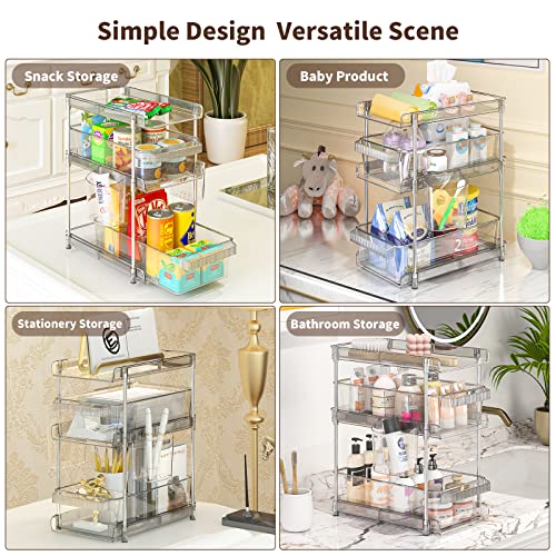 Clear Bathroom Organizers 2 Sets 3 Tier, Pull Out Organizer and Storage with 2 Cups, Slide Out Drawer Storage Container with 6 Dividers, Multi-Purpose Bathroom Organizer, Kitchen Under Sink Organizer