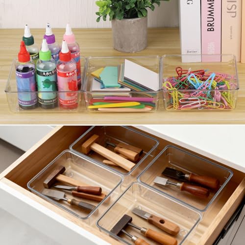 Ohlove 6 Pcs Large Clear Plastic Drawer Organizers Tray 6" x 6" Storage Bins with 25 Pcs Non-Slip Pads for Makeup, Jewelries, Kitchen Utensils, Bathroom and Office - size: 6"x6"