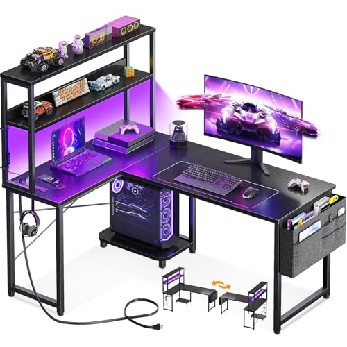 AODK L Shaped Desk Gaming Desk with LED Light & Power Outlet, 43 Inch Reversible L Shaped Computer Table with Shelf, Corner Desk with Storage Bag&Hook for Home Office Desk, Black - color: Black, size: 43 inch