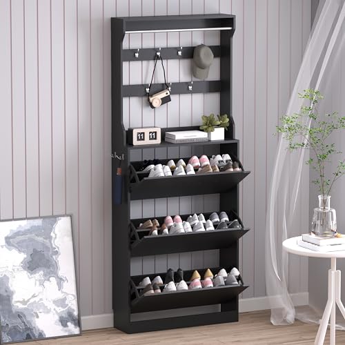 BORNOON Shoe Cabinet with 3 Flip Drawers & Coat Rack, Narrow Hidden Shoe Storage Cabinet, 2-in-1 Hall Tree Slim Freestanding Shoe Rack Organizer for Entryway, Hallway, and Living Room - color: Black, size: 3-Drawer with Rack