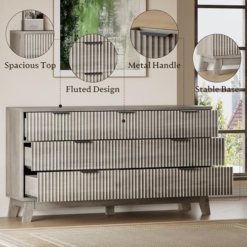 BORNOON 57" Long Dresser for Bedroom, 7-Drawer Fluted Chest, Wide Wood Storage Dresser with Metal Slides and Handles, Stable Base, Modern Clothes Organizer for Primary Suite, Guest Room, Nursery - color: Rustic Drift, size: XL 7-Drawer