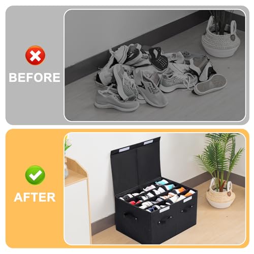 Shoe Organizer for Closet, Foldable Shoe Storage Box with Adjustable Dividers, Large Space Saving Shoe Storage Container Fits up to 16 Pairs with Reinforced Handles (Black) - color: Black