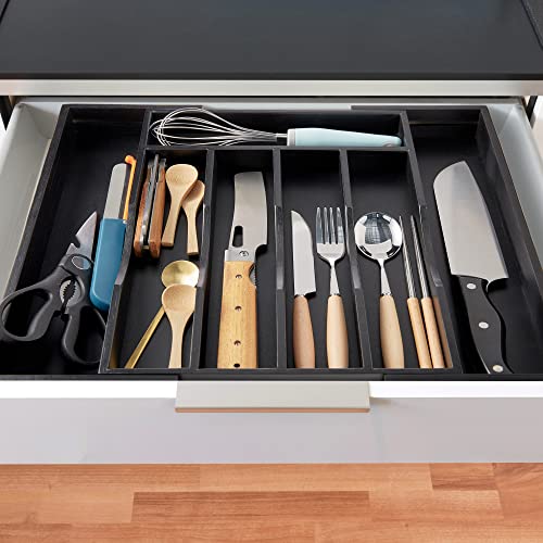 2-Piece Expandable Bamboo Kitchen Drawer Organizer for Cutlery and Utensils, Adjustable Bamboo Wood Cutlery Tray in Drawer for Flatware and Silverware in Kitchen, (Black) - color: Black, size: 7 Slots Expandable-2Pack