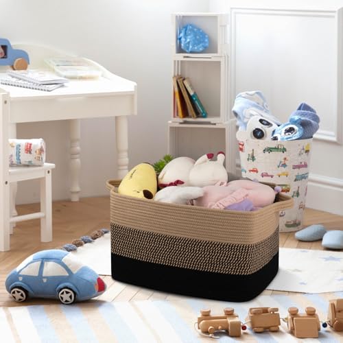 OIAHOMY Large Blanket Basket, 65L Cotton Rope Woven Laundry Basket, Toy Bin for Baby Room, Container for Blanket Storage in Living Room, 20''×16''×12'', Brown & Black - color: Brown & Black, size: 65L