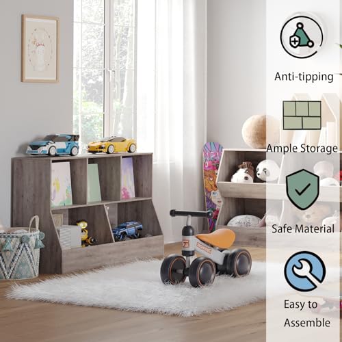 DINZI LVJ Toy Storage Organizer, Kids Bookshelf, Wood Toy Storage Cabinet, 5 Cubby Children Bookcase, 43.3" L Toddler Book Shelf for Playroom, Living Room, Nursery, Hallway, School, Greige - color: Greige, size: 2-Tier 43.3"
