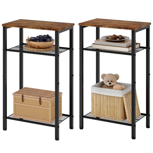 Hoctieon 2-Set 3 Tier End Table, Telephone Table Set of 2, Tall Side Table with Storage Set of 2, Small Nightstand for Small Spaces, Metal Frame, for Living Room, Bedroom, Sofa Couch, Rustic Brown - color: Rustic Brown, size: 2 Pack