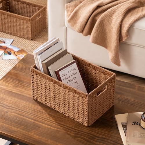 UBBCARE 2 Pack Wicker Basket, 13.4L×8.3H×7.1W inch Woven Paper Rope Storage Baskets for shelves, Foldable Rectangular Storage Baskets with Handle, Storage Basket for Organizing, Caramel - color: Caramel, size: 2pack Medium