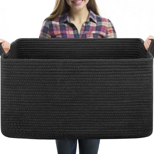 OIASKET 70L Large Blanket Basket, 21.6" x 16.9" x 11.8" Woven Storage Basket for Living Room, Nursery Blanket Storage for Toys, Towels, Dirty Clothes (Black) - color: Black, size: 21.6"x16.9"x11.8"
