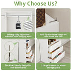 Closet System with 3 Drawers, 4–8.5 Ft Closet Organizer System with 5 Adjustable Hanging Rods & Shelves, Wood Walk-In Closet System, Built-In Modular Closet Kit, Sturdy Garment Rack, White
