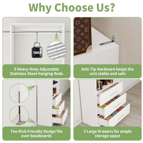 Closet System with 3 Drawers, 4–8.5 Ft Closet Organizer System with 5 Adjustable Hanging Rods & Shelves, Wood Walk-In Closet System, Built-In Modular Closet Kit, Sturdy Garment Rack, White