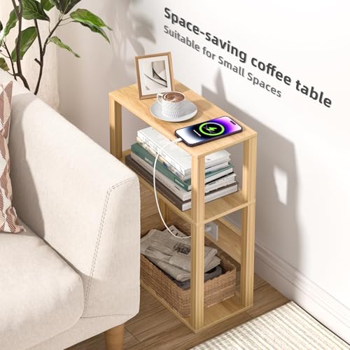 YUFAM 3 Tier Small Narrow Bamboo Side Table Set of 2 with Charging Station - Skinny Nightstand for Small Spaces, Slim Bedside Table with USB Ports and Outlets - Thin End Table with Storage, Natural - color: Natural, size: 2 Pack