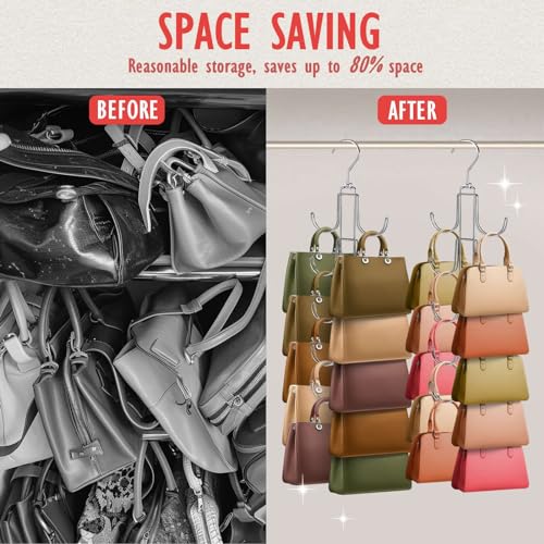 Purse Organizer for Closet, Upgraded Purse Hanger with 10 Big Hooks, 360 Degree Rotation for Better Organizer&Display, Collapsible Space Saving Hangers Rack for Handbag, Belt, Scarve, Tie - color: Silver, size: 1