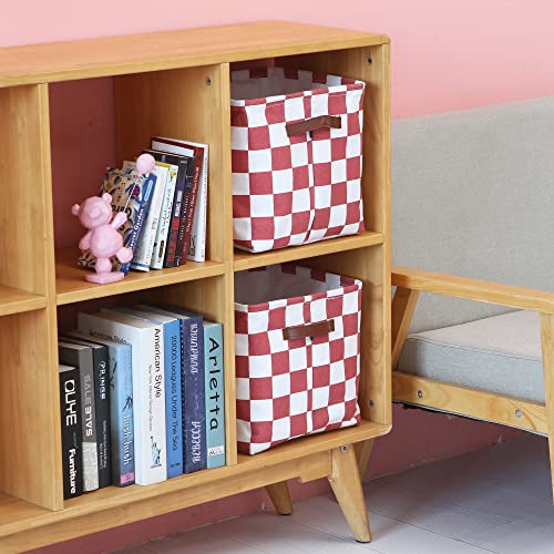 Hinwo 3-Pack Cubic Organizer Shelf Bins, Canvas Fabric Storage Baskets with Handles, 22L/5.8-Gal Square Storage Bins, Cubes, Collapsible Storage Box, 11 x 11 x 11 Inches (S, Red Checkerboard) - color: Red Checkerboard, size: S/11 x 11 x 11"/3-Pack
