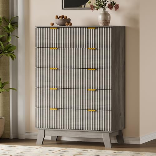 BORNOON 46" Tall Dresser for Bedroom, 6-Drawer Fluted Chest of Drawers, Modern Wood Highboy with Deep Storage, Metal Slides and Handles, Anti-Tip Kit, Vertical Clothes Organizer for Apartment, Nursery - color: Rustic Drift, size: Tall 6-Drawer