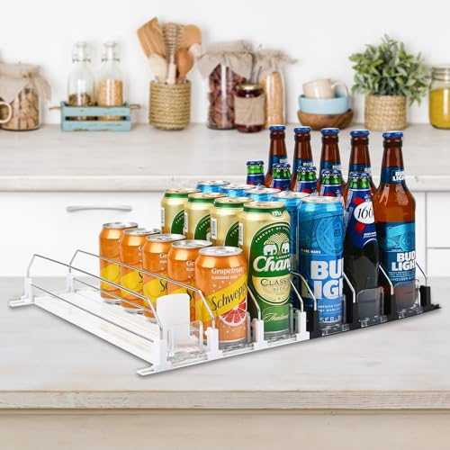 Soda Can Dispenser for Refrigerator, 3 Row Self-Pushing Rack, Fits up to 15 Cans, Width Adjustable Beverage Storage Rack, 15inch White - size: New 15 inch