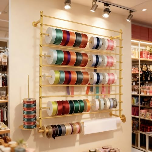 12 Layers 120cm Gold Wall Display Stand Wrapping Paper Ribbon Organizer Holder Storage Scarf Tie Belt Towel Spool Sewing Tool Hijab Metal Shelving for Home, Retail Stores, Flower Shop, Studio - color: Gold, size: L: 47.2 in, H: 47.2 in