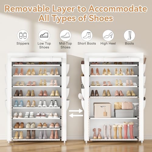VILICK Shoe Rack with Cover, 8 Tier Tall Shoe Organizer Storage for 36-45 Pair Shoes and Boots Large Shoe Storage Shelf Free Standing Shoe Rack for Closet, Front Door Entrance, Dorm, Garage, White - color: White, size: 33.8"W-8 Tier