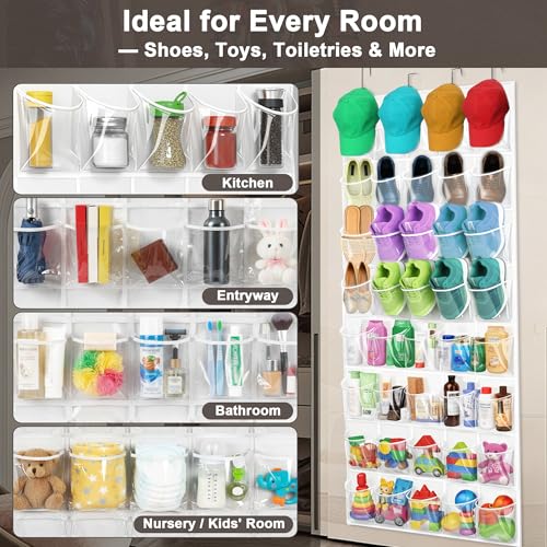 Over the Door Shoe Organizer with 40 Clear PVC Pockets – Waterproof Hanging Shoe Holder for Closet & Bathroom – Space-Saving Door Shoe Rack for Shoes, Toys, Toiletries & Snacks (White) - color: White