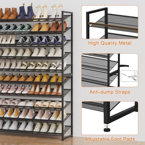 Large Shoe Rack 10 Tier Shoe Organizer, Heavy Duty Metal 5-Tier Stackable Shoe Storage Vertical Shoe Rack for Closet Front Door Entrance, Up to 62 Pairs, 44.8" W x 11.4" D x 71.2" H, Black - color: Black, size: 10 Tier