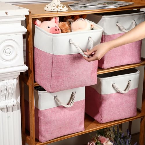 meekoo 8 Pack Collapsible Storage Bins Fabric Storage Bins Polyester Fabric Baskets with Handles Linen Closet Organizer for Shelf Home Closet Towels Toys(12 x 12 x 12 in,Pink White) - color: Pink White, size: 12 x 12 x 12 In