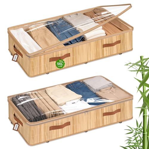 Livole Bamboo Under Bed Storage with Wheels, 6 inches Underbed Storage Containers, 56L XXL Rolling Under Bed Storage Bins with Clear Lid & Label for Clothes, Blankets, Sweater, Shoes, 1 Pack - size: Standard - 6"H - Wheels