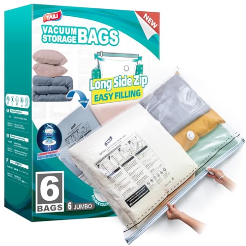TAILI 6 Pack Vacuum Storage Bags, LONG SIDE ZIP (39x28 inch), Vacuum Seal Bags for Clothing, Jumbo Storage Space Saver for Beddings, Comforters, Blanket, Pillows and Clothes - size: 6 Jumbo