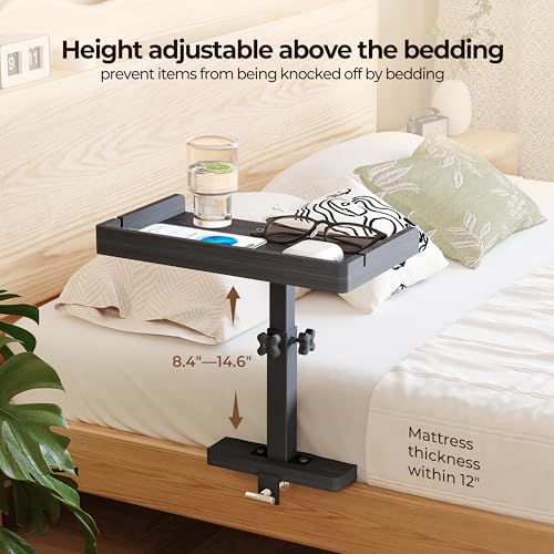 Wealone Adjustable Bedside Shelf for Bed, College Dorm Room Essentials, Bamboo Bed Side Tray Table with Sturdy Metal Pole, Clip On Nightstand Organizer for College, Apartment, Bunk Beds - color: Black