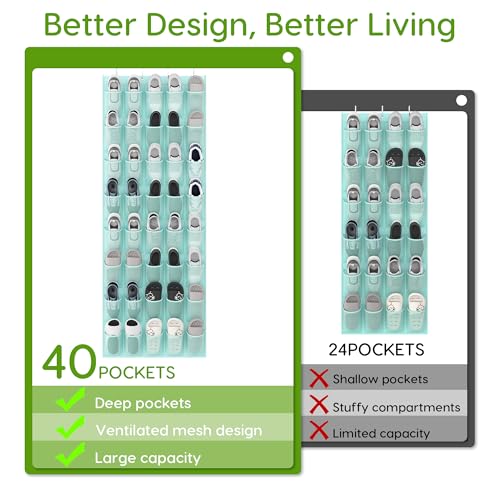 Unjumbly Over the Door Shoe Organizer with 40 Large Breathable Mesh Pockets, Space Saving Shoe Holder, Hanging Shoe Rack for Entryway Bedroom Closet Storage (Mint Blue, 40 Pockets) - color: Mint Blue, size: 40 Pockets