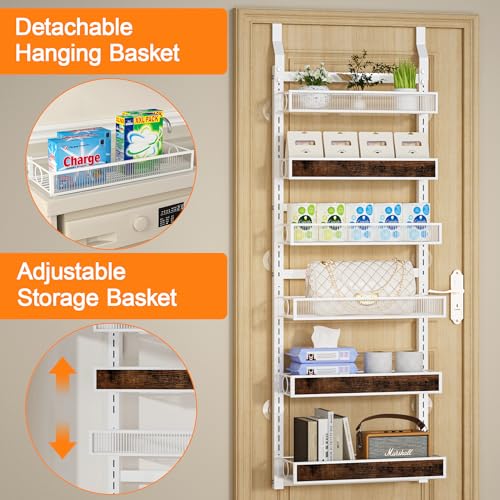 6 Tier Over the Door Pantry Organizer 2 IN 1 Hanging or Wall Mounted Spice Rack with Adjustable Basket,Heavy Duty Seasonning Storage Shelf for Kitchen Pantry and Bathroom - color: White, size: 6 Tiers