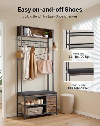 VEVOR Hall Tree with Bench and Shoe Storage, Entryway Bench with Coat Rack, 3 Drawers, 3 Storage Cubbies, 7 Hooks with Soft Cushion for Entryway, Hallway - size: 70.9" * 31.5"