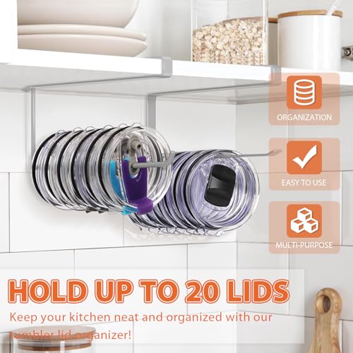 2 Pack Tumbler Lid Organizer, Horizontal Tumbler Lid Storage Hook Up to 20 Lids, Space Saving Cup Lid Holder Under Cabinet Tumbler Lid Hook for Kitchen Organizer, Paper Towel Hanger(Round&Flat, Grey) - color: Gray, size: 2 Pack(Round&Flat)