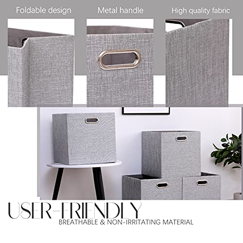 Cube Storage Bins 13×13x13 Inch Linen Foldable Box with Handles, Collapsible Organization Basket Set of 4 Large Capacity Grewer for Closet Shelf Cabinet Bookcase Bedroom, Silver Grey - color: Grey