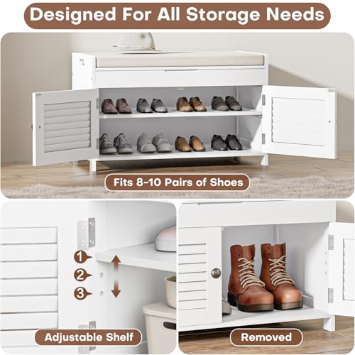 WARMHONIU Shoe Storage Bench with Lift Top Storage, Entryway Bench with Cushioned Seat, Adjustable Shelf, 2 Tier Shoe Rack with Doors for Entryway, Bedroom, Hallway, Mudroom, White - color: White, style: Lift Top Storage