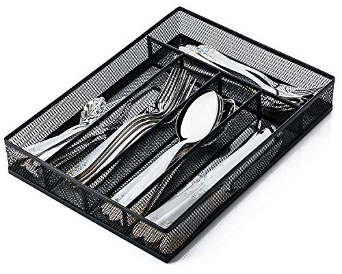 JANE EYRE Utensil Drawer Organizer, Cutlery Tray Silverware Flatware Storage Divider for Kitchen, Mesh Wire with Non-slip Foam Feet, 5 Component, Black - color: Black
